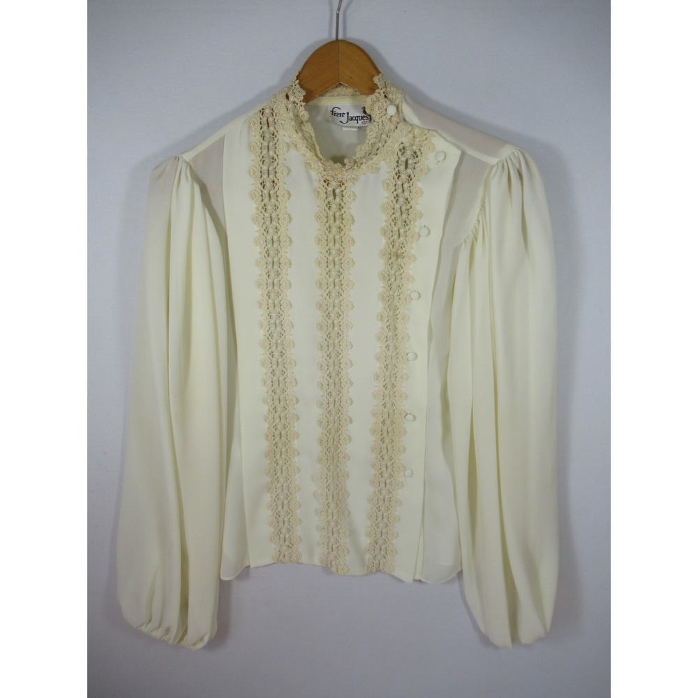 Vintage High Neck Chiffon Blouse Women Crochet Ivory Frere Jacques Made in USA